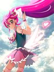  1girl aino_megumi boots cure_lovely earrings hair_ornament happinesscharge_precure! jewelry long_hair looking_at_viewer magical_girl pink_eyes pink_hair pink_skirt ponytail precure puffy_sleeves skirt sky smile solo thigh-highs very_long_hair white_legwear wrist_cuffs zettai_ryouiki 
