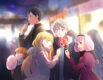  2boys 3girls aki_(neyuki41028) aldnoah.zero asseylum_vers_allusia bangs black_hair blonde_hair blue_eyes blunt_bangs blush bob_cut braid brown_hair casual closed_eyes coat cotton_candy crowd eddelrittuo hairband harklight hoodie lemrina_vers_envers multiple_boys multiple_girls open_mouth purple_hair scarf short_hair siblings silver_hair sisters slaine_troyard takoyaki winter_clothes 