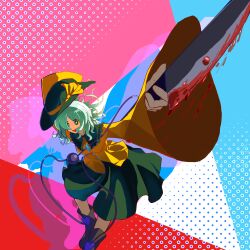  1girl :d absurdres black_hat blood blood_on_knife blouse bow buttons commentary_request diamond_button disembodied_linked_eye eyeball foreshortening frilled_shirt_collar frills from_above full_body green_eyes green_hair green_skirt hat hat_bow hat_ribbon highres holding holding_knife i_love_suwako knife komeiji_koishi long_sleeves looking_at_viewer open_mouth ribbon shirt short_hair simple_background skirt smile solo touhou wide_sleeves yellow_bow yellow_ribbon yellow_shirt 