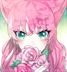  1girl close-up commentary_request covered_mouth crossed_bangs flower flower_over_mouth green_eyes hair_between_eyes hair_ears inset_border korean_commentary leaf long_hair looking_at_viewer maria_cadenzavna_eve outside_border pink_flower pink_hair pink_rose portrait rose senki_zesshou_symphogear sidelocks solo sy_(0103029) tsurime wispy_bangs 