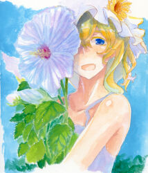  1girl blonde_hair blue_eyes commentary_request flower flower_request hat hat_flower holding holding_flower maribel_hearn mob_cap mononofu7 open_mouth purple_flower purple_tank_top shirt sleeveless sleeveless_shirt solo sunflower tank_top touhou traditional_media upper_body 