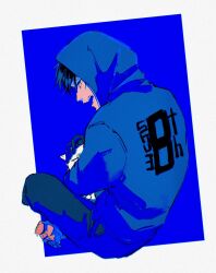  1boy animal bad_id bad_tumblr_id barefoot black_hair black_pants blue_background blue_hoodie cat character_request copyright_request from_behind full_body highres holding holding_animal holding_cat hood hood_up hoodie ikapnmn2 male_focus open_mouth pants print_hoodie short_hair simple_background sitting solo white_eyes 