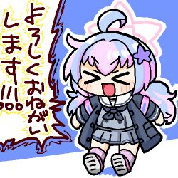  >_< 1girl :d ahoge black_jacket black_necktie blue_archive blue_background blue_hair blush closed_eyes commentary_request deformed full_body grey_serafuku grey_shirt grey_skirt hair_ornament halo jacket long_hair long_sleeves low_twintails lowres multicolored_hair necktie neneo_(ragnene1) open_clothes open_jacket open_mouth outline partial_commentary pink_hair pink_halo pink_shoes pink_socks pleated_skirt reisa_(blue_archive) sailor_collar school_uniform serafuku shirt shoes simple_background skirt smile socks solo speech_bubble star_(symbol) star_hair_ornament star_halo twintails two-tone_background two-tone_hair white_outline white_sailor_collar xd 