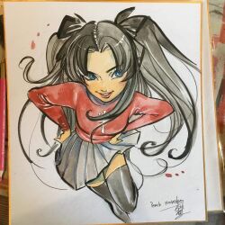  1girl art_tools_in_frame artist_name back_ribbon black_hair black_ribbon black_skirt black_thighhighs blue_eyes breasts colored_pencil_(medium) english_text fate/stay_night fate_(series) grin hair_ribbon hands_on_own_hips leaning_forward lips long_sleeves looking_to_the_side medium_breasts mixed-language_text parted_lips peach_momoko photo_(medium) pink_lips pleated_skirt red_sweater ribbon signature simple_background skirt smile solo standing standing_on_one_leg sweater thigh-highs tohsaka_rin traditional_media white_background 