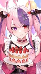  1girl absurdres ahoge birthday_cake cake choker demon_girl demon_horns demon_wings food hair_ornament head_wings heart heart_ahoge heart_hair_ornament heart_o-ring heart_ring_choker heterochromia highres horns ironmouse ironmouse_(15th_costume) komaorina long_hair looking_at_viewer multicolored_hair o-ring o-ring_choker pink_choker pink_hair purple_hair purple_streaks red_eyes smile solo spiked_choker spikes streaked_hair twintails violet_eyes virtual_youtuber vshojo white_horns wings 