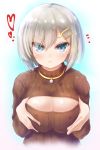  1girl blue_eyes breasts cleavage cleavage_cutout cyanomirahi hair_ornament hairclip hamakaze_(kantai_collection) kantai_collection open-chest_sweater ribbed_sweater short_hair silver_hair solo sweater turtleneck 