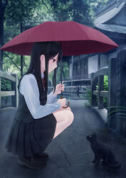  1girl architecture black_cat black_hair black_shoes black_skirt black_socks black_vest brown_eyes cat clip_studio_paint_(medium) east_asian_architecture full_body highres hime_cut holding holding_umbrella loafers long_hair megimegyo miniskirt neck_ribbon original outdoors rain red_ribbon red_umbrella ribbon school_uniform shirt shoes sidelocks skirt socks solo squatting umbrella vest white_shirt 
