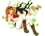  2girls animal_ears bikini_top black_hair blue_eyes boots breasts brown_boots bunny_tail cat_ears cat_tail charlotte_e_yeager cleavage closed_eyes denim denim_shorts francesca_lucchini goggles goggles_on_head hloox large_breasts long_hair multiple_girls open_mouth orange_hair outline panties rabbit_ears short_shorts shorts simple_background smile star strike_witches striped striped_panties tail twintails under_boob underwear white_background 
