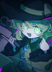  1girl black_hat bow buttons collared_shirt commentary_request diamond_button disembodied_linked_eye eyeball frilled_shirt_collar frilled_sleeves frills green_eyes green_hair green_skirt hat hat_bow heart heart_of_string highres holding holding_knife illust_atelier3 knife komeiji_koishi long_sleeves looking_at_viewer one-hour_drawing_challenge open_mouth shirt skirt smile solo touhou watermark wide_sleeves yellow_bow yellow_shirt 