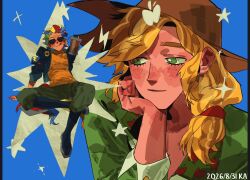  2girls apple_print applejack applejack_(equestria_girls) black_boots blonde_hair boots brown_hat cowboy_hat cowgirl_(western) fang_wo_zou_aaaaaa food_print freckles fruit_print green_eyes hat highres jacket long_hair long_sleeves low-tied_long_hair multicolored_hair multiple_girls my_little_pony my_little_pony:_equestria_girls my_little_pony:_friendship_is_magic rainbow_dash rainbow_dash_(equestria_girls) rainbow_hair rainbow_print shirt smile sunglasses yuri 