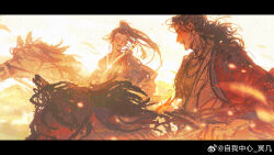  2boys absurdres all_wishes_come_true! animal black_hair blue_hanfu blue_trim blurry brown_eyes chinese_clothes chinese_commentary closed_eyes coat commentary_request egotismmm facial_hair floating_hair from_side half_updo hanfu high_ponytail highres holding holding_leash horse horseback_riding jewelry leash letterboxed long_hair long_sleeves looking_at_another lv_dongbin_(all_wishes_come_true!) male_focus multiple_boys multiple_riders mustache_stubble necklace open_clothes open_coat open_mouth ponytail profile red_coat reins riding robe sash smile stubble sunlight sword sword_on_back sword_tassel tassel upper_body watermark weapon weapon_on_back weapon_tassel weibo_watermark white_hanfu wind zhongli_quan_(all_wishes_come_true!) 