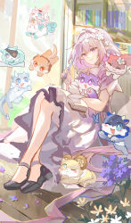  1girl absurdres aglaea_(honkai:_star_rail) aglaea_(oatmeal)_(honkai:_star_rail) anaxa_(honkai:_star_rail) anaxa_(nanus)_(honkai:_star_rail) animal_on_lap animalization black_shoes book book_on_lap bookshelf bright_pupils castorice_(butterfly_cake)_(honkai:_star_rail) castorice_(honkai:_star_rail) castorice_(ingenuity)_(honkai:_star_rail) chimera_(honkai:_star_rail) cipher_(honkai:_star_rail) cipher_(master_cat-thief)_(honkai:_star_rail) commentary dress hair_intakes hairband highres holding holding_pen honkai:_star_rail honkai_(series) hyacine_(honkai:_star_rail) hyacine_(krenabis)_(honkai:_star_rail) indoors little_ica_(honkai:_star_rail) long_hair mydei_(fig_stew)_(honkai:_star_rail) mydei_(honkai:_star_rail) nib_pen_(object) official_alternate_costume on_lap pen person_and_animalization phainon_(honkai:_star_rail) phainon_(vigethos)_(honkai:_star_rail) pointy_ears purple_hair shirix shoes short_sleeves signature sitting smile solo tribbie_(candied_apple)_(honkai:_star_rail) tribbie_(honkai:_star_rail) untranslatable_commentary very_long_hair violet_eyes white_dress white_hairband window wooden_floor 