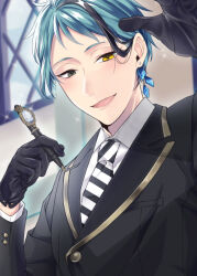  1boy black_gloves black_jacket black_streaks blazer blue_hair blunt_ends blurry blurry_background blush breast_pocket choppy_bangs collared_shirt commentary_request dangle_earrings depth_of_field diagonal-striped_clothes diagonal-striped_necktie earrings gloves gold_trim green_eyes hair_behind_ear hands_up headpatting_viewer heterochromia highres holding holding_pen indoors jacket jade_leech jewelry leather leather_gloves long_sleeves looking_at_viewer magic_pen_(twisted_wonderland) male_focus multicolored_hair necktie night_raven_college_school_uniform open_mouth pen pocket school_uniform shirt short_hair single_earring smile solo streaked_hair striped_clothes striped_necktie twisted_wonderland upper_body very_short_hair white_shirt window yellow_eyes yunyun0405 