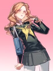  1girl absurdres arm_at_side bag black_jacket blue_bag checkered_clothes checkered_skirt choker clenched_hand collar collared_jacket commentary curly_hair earrings ebihara_ai from_below gradient_background hand_in_own_hair highres jacket jewelry leaning_to_the_side long_hair long_sleeves looking_down miniskirt multicolored_skirt pants pantyhose persona persona_4 persona_4_the_golden pink_background pink_choker pink_shirt ribbon sailor_collar school_bag school_uniform shirt shoulder_bag simple_background skirt stud_earrings tight_clothes tight_pants turtleneck upper_body white_pants white_pantyhose yasogami_school_uniform yu_lan_zai_shuijiao 