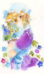  1girl blonde_hair blue_flower closed_mouth collared_dress commentary_request cropped_torso dress flower flower_pot flower_request from_side hat holding holding_flower_pot looking_to_the_side maribel_hearn medium_hair mob_cap mononofu7 purple_dress purple_flower sash smile solo touhou traditional_media violet_eyes white_background white_hat white_sash 