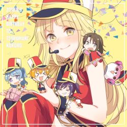  >_< 5girls :3 :d bang_dream! bang_dream!_girls_band_party! black_hair blonde_hair blue_eyes blue_hair blush_stickers character_name commentary_request dated gift happy_birthday hello_happy_world! highres holding holding_gift holding_mini_person in_palm kitazawa_hagumi long_hair looking_at_viewer matsubara_kanon michelle_(bang_dream!) mini_person mini_person_on_arm mini_person_on_shoulder minigirl multiple_girls okusawa_misaki one_side_up orange_hair ponytail purple_hair seta_kaoru short_hair smile succhii_(pikaru) tsurumaki_kokoro violet_eyes x3 xd yellow_background yellow_eyes 