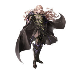  1boy armor bishounen black_armor black_cape blonde_hair cape dietrich_(fire_emblem) fire_emblem fire_emblem:_fortune's_weave fire_emblem_heroes full_body holding long_hair looking_at_viewer male_focus official_art parted_hair pauldrons second-party_source shoulder_armor solo spiked_armor spiked_pauldrons spikes violet_eyes 