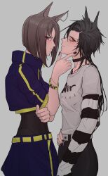  2girls air_groove_(umamusume) air_shakur_(umamusume) animal_ears black_hair black_jacket black_pants black_shirt blue_eyes blue_nails blue_skirt bob_cut brown_hair closed_mouth commentary_request cowboy_shot ear_chain eyebrow_piercing face_piercing fingernails grey_background grey_shirt hand_on_another's_chin highres horse_ears horse_girl jacket layered_sleeves linked_piercing long_hair long_sleeves looking_at_viewer looking_to_the_side multiple_girls orange_eyes pants pappi piercing shirt short_hair short_over_long_sleeves short_sleeves simple_background skirt striped_sleeves umamusume 