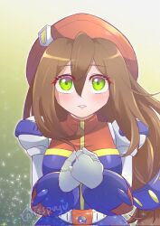  1girl beret blush brown_hair commentary corrupted_twitter_file english_commentary green_eyes hair_between_eyes hat highres iris_(mega_man) long_hair looking_at_viewer low-tied_long_hair mega_man_(series) mega_man_x_(series) own_hands_together parted_lips pupuypuyu red_hat robot_girl solo twitter_username 