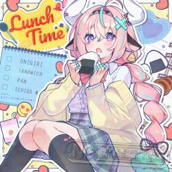  1girl ahoge alternate_costume animal_ears aqua_hair bell bell_earrings black_hairband black_ribbon black_socks blush border bow bowtie braid breasts bright_pupils buttons cardigan collared_shirt commentary_request cow_ears cow_girl cow_horns croissant drink_carton drinking_straw earrings english_text feet_out_of_frame fingernails food food-themed_background genshin_impact green_skirt hair_between_eyes hair_ornament hair_ribbon hairband hands_up heart high-waist_skirt highres holding holding_food horns jewelry kneehighs large_breasts long_hair long_sleeves looking_at_viewer low-braided_long_hair low-tied_long_hair milk_carton multicolored_hair multiple_rings onigiri open_cardigan open_clothes open_mouth outside_border pink_bow pink_bowtie pink_hair plaid_clothes plaid_skirt puchimu ribbon ring school_uniform shirt sidelocks single_earring sitting sketchbook skirt socks solo spoon streaked_hair twin_braids varesa_(genshin_impact) very_long_hair violet_eyes watermark white_border white_pupils white_shirt x_hair_ornament yellow_cardigan 