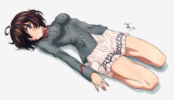  1girl absurdres brown_hair commission count_military_uniform erakin girls_und_panzer girls_und_panzer_momi_no_ki_to_tetsu_no_hane_no_majo highres kohiyama_noemi lying on_back sitting skeb_commission violet_eyes wariza white_background 