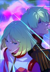  1boy 1girl back-to-back blonde_hair blue_hair brother_and_sister char_aznable earth_federation earth_federation_space_forces gundam gundam_gquuuuuux hair_between_eyes highres medium_hair messy_hair military_uniform mintbreak mobile_suit_gundam red_lips sayla_mass siblings zeon 