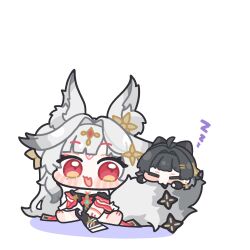  2girls :d ahoge animal_ear_fluff animal_ears barefoot black_hair chibi chibi_only closed_eyes commentary_request fang female_rover_(wuthering_waves) fox_ears fox_girl fox_tail hair_intakes hair_ornament highres hsin_(wuthering_waves) mole mole_under_eye multiple_girls on_floor open_mouth red_eyes rover_(wuthering_waves) simple_background skin_fang sleeping sleeping_on_another's_tail smile soles syurikenmaru tail tail_ornament white_background white_hair wuthering_waves zzz 