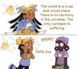  1other 2girls aika_(kiana_mai) beanie black_hair blue_dress braid commentary dark-skinned_female dark_skin dress english_commentary english_text forehead_jewel frilled_dress frills glasses hands_on_own_cheeks hands_on_own_face hat highres hoshi_(kiana_mai) i_don't_want_to_be_a_magical_girl layered_sleeves lia_(miauiz) long_hair long_sleeves magical_girl meme multiple_girls opaque_glasses open_mouth pleated_skirt short_over_long_sleeves short_sleeves skirt star_hair_bun teeth twin_braids upper_teeth_only yuri zira_(kiana_mai) 