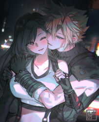  1boy 1girl armor black_gloves black_hair blonde_hair blue_eyes blush breasts cheek-to-cheek cloud_strife collarbone couple crop_top elbow_gloves english_commentary final_fantasy final_fantasy_vii final_fantasy_vii:_ever_crisis final_fantasy_vii_remake fingerless_gloves gloves hair_between_eyes hand_on_another's_shoulder hands_on_another's_shoulders heads_together hetero hug hug_from_behind large_breasts long_hair looking_at_another miyukiko one_eye_closed red_eyes short_hair shoulder_armor signature single_arm_guard smile spiky_hair suspenders tank_top tifa_lockhart upper_body white_tank_top 