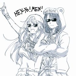  2girls :d animal_hood backwards_hat bang_dream! bang_dream!_girls_band_party! baseball_cap bear_hood chain chain_necklace collarbone collared_shirt commentary_request crop_top cropped_shirt crossed_arms english_text greyscale hat headphones headphones_around_neck highres hood hooded_jacket jacket jewelry midriff monochrome multiple_girls navel necklace novelty_glasses okusawa_misaki open_clothes open_jacket open_mouth pointing pointing_up shirt smile split_mouth succhii_(pikaru) sunglasses tsurumaki_kokoro 