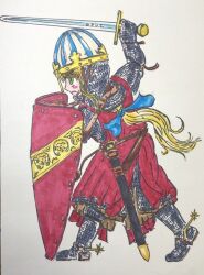  1girl anna_fra_nil armor blonde_hair blue_bow bow chainmail coif commentary_request fighting_stance green_eyes hair_bow helmet holding holding_shield holding_sword holding_weapon kite_shield knight marker_(medium) medieval nose_guard original ponytail red_tunic scabbard sheath shield spurs sword traditional_media tunic weapon white_background 