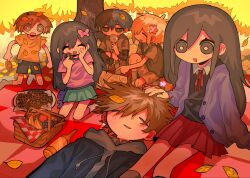  2girls 4boys aged_down alternate_costume antenna_hair aubrey_(faraway)_(omori) aubrey_(omori) bandaid bandaid_on_knee bandaid_on_leg basil_(faraway)_(omori) basil_(omori) black_eyes black_hair black_sweater_vest blonde_hair blue_skirt blush book bottle bow bright_pupils brother_and_sister brothers brown_eyes brown_hair brown_shorts cardigan checkered_blanket chocolate_chip_cookie closed_eyes collared_shirt commentary_request cookie dark-skinned_male dark_skin day double-parted_bangs flower food green_sweater_vest grey_shirt grey_socks hair_between_eyes hair_bow hair_flower hair_ornament hector_(omori) hero_(faraway)_(omori) hero_(omori) highres holding holding_flower kel_(faraway)_(omori) kel_(omori) kneeling kobanzame_omo leaf long_hair long_sleeves mari_(faraway)_(omori) mari_(omori) mr._plantegg_(omori) multiple_boys multiple_girls omori open_book open_cardigan open_clothes open_mouth orange_shirt outdoors parted_lips pet_rock picnic_basket picnic_blanket pink_bow pink_shirt plate pleated_skirt purple_cardigan red_skirt seiza shirt short_hair short_sleeves shorts siblings sidelocks sitting skirt smile socks stuffed_eggplant sunny_(omori) sweater_vest t-shirt white_pupils white_shirt white_socks 