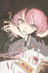  1girl absurdres bang_dream! bang_dream!_it's_mygo!!!!! black-framed_eyewear cake cake_slice candle cherry chihaya_anon chinese_commentary commentary_request crossed_arms english_text fang food fruit glasses grey_eyes grey_jacket hair_between_eyes head_on_arm highres holding holding_removed_eyewear jacket long_hair long_sleeves looking_at_object open_mouth pink_hair plate school_uniform shirt solo tochigi_1990 unworn_eyewear upper_body white_shirt 