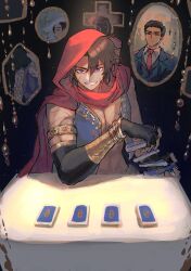  2boys armlet black_jacket black_vest bracelet cape chinese_commentary cinq_association_west_uniform collared_shirt commentary_request dark-skinned_male dark_skin fortune_teller gold_trim grey_vest grin heathcliff_(project_moon) highres hood hooded_cape indoors jacket jewelry killerohan lapels limbus_company looking_at_viewer male_focus meursault_(project_moon) middle_(identity)_(project_moon) mirror multiple_boys muscular muscular_male n_corp._fanatic_(identity)_(project_moon) necktie notched_lapels project_moon red_cape red_necktie shirt smile table vambraces vest violet_eyes white_shirt 