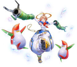  1girl 404_game_re:set animal anode_(404_game_re:set) armpits arms_up bare_shoulders bird bow bowtie brown_eyes brown_hair cleats detached_sleeves full_body fur_collar gold_halo halo holding ice ice_shard official_art open_mouth oversized_clothes oversized_pants pants pengo_(pengo) pengo_(series) penguin personification puffy_pants red_bow red_bowtie rope shirt simple_background snow_boots solo strapless strapless_shirt teeth third-party_source topknot upper_teeth_only white_background white_pants white_shirt white_sleeves yuugen 