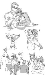 2boys chain chain_necklace christmas_tree closed_mouth commentary dieci_association_south_uniform e.g.o_(project_moon) extra_arms finger_to_mouth glasses greyscale heathcliff_(project_moon) highres holiday_(e.g.o) hug jewelry killerohan limbus_company looking_at_viewer mechanical_arms meursault_(project_moon) monochrome multicrack_office_(identity)_(project_moon) multiple_boys multiple_views n_corp._fanatic_(identity)_(project_moon) necklace project_moon rosespanner_workshop_(identity)_(project_moon) scar scar_on_arm shushing smile sweater 