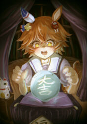  1girl :d absurdres animal_ears clover_hair_ornament commentary_request cross-shaped_pupils crystal_ball curtains daruma_doll denpa_rasaito ear_covers hair_between_eyes hair_ornament highres horse_ears horse_girl maneki-neko matikanefukukitaru_(umamusume) open_mouth orange_eyes orange_hair puffy_short_sleeves puffy_sleeves purple_shirt school_uniform shirt short_hair short_sleeves single_ear_cover smile solo symbol-shaped_pupils teeth tracen_school_uniform umamusume upper_teeth_only window 