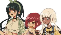  1990s_(style) 3girls black_hair blue_eyes blush brown_eyes burger chabashira_tenko commentary criis-chan crumbs danganronpa_(series) danganronpa_v3:_killing_harmony dark-skinned_female dark_skin eating food green_eyes hair_ornament hairclip holding holding_burger holding_food mole mole_under_mouth multiple_girls parallel_hairclips red_hair retro_artstyle unfinished white_background white_hair yonaga_angie yumeno_himiko 