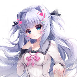  1girl 1other 9-nine- absurdres black_bow blue_eyes blush bow breasts butterfly_hair_ornament closed_mouth collarbone commission drawn_ears drawn_whiskers hair_bow hair_intakes hair_ornament hakusen_academy_school_uniform hand_up highres holding_hands kousaka_haruka long_hair long_sleeves looking_at_viewer medium_breasts polka_dot polka_dot_bow pov pov_hands sayaaatat school_uniform shirt sidelocks simple_background smile solo_focus too_many_watermarks two_side_up upper_body very_long_hair watermark white_background white_shirt 