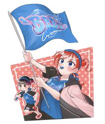  2girls absurdres animification black_hair black_shorts blowing_whistle blue_eyes blue_headband breasts clenched_hand closed_mouth commentary_request drawstring flag hair_bun hands_up headband highres holding holding_baton holding_flag hood hood_down hooded_jacket inaka_(ina_linden_) jacket jacket_on_shoulders love_live! love_live!_superstar!! mouth_hold multicolored_hair multiple_girls outstretched_arm real_life red_hair relay_baton short_hair_with_long_locks short_sleeves shorts two-tone_hair v-neck voice_actor voice_actor_connection yabushima_akane yoneme_mei 