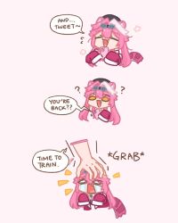  1girl =_= animal_ears beret cellphone commentary english_commentary fang goggles goggles_on_head hair_intakes hat head_grab highres hololive hololive_english long_hair multicolored_hair open_mouth panther_ears panther_girl panther_tail phone pink_hair raora_panthera raora_panthera_(1st_costume) sappysque sleeves_past_wrists smartphone smile solo streaked_hair tail tears virtual_youtuber white_hair yellow_eyes 