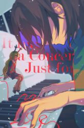  1girl 1other akitsuki_(oenothera) antlers blonde_hair brown_hair colored_skin commentary deer_antlers deer_girl deltarune english_commentary english_text furry furry_female highres hooves horns instrument kris_(deltarune) long_hair mini_person minigirl noelle_holiday playing_instrument playing_piano short_hair sitting string string_of_fate utdr_(toby_fox) yellow_skin 
