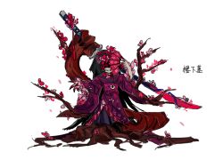  1girl blood blood_on_hand cherry_blossom_(e.g.o) cherry_blossoms claws e.g.o_(project_moon) hand_fan holding holding_fan japanese_clothes katana kdr93 kimono limbus_company long_hair pink_kimono project_moon ryoshu_(project_moon) smirk solo sword tree weapon white_background 
