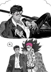  2boys cat chain chain_necklace closed_mouth coat coat_on_shoulders collared_shirt greyscale happy highres jewelry jun_(project_moon) katana killerohan limbus_company male_focus monochrome multiple_boys necklace pink_hair project_moon red_eyes ricardo_(project_moon) shirt simple_background smile spot_color sunglasses sword weapon 