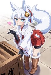  1girl absurdres animal_ear_fluff animal_ears bell bike_shorts bike_shorts_under_skirt black_gloves black_shorts blowing_kiss blue_eyes blunt_bangs boots box brown_boots commentary_request donation_box fox_ears fox_girl fox_tail full_body fur-trimmed_boots fur_trim gloves hakama hakama_short_skirt hakama_skirt highres japanese_clothes jingle_bell jingle_bell_earrings kimono kuon_shiraha_(kyuutou) kyuutou_(kyuutouryuu) leaning_on_box lolibaba long_sleeves looking_at_viewer miko no_socks original ponytail red_hakama red_skirt ribbon-trimmed_hakama short_hair shorts skirt solo sound_effects standing stone_walkway tail thick_eyebrows white_hair white_kimono wide_sleeves 