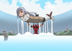  >_< boots bound commentary_request crossover day eva_02 giant giantess grey_hair idolmaster idolmaster_million_live! idolmaster_million_live!_theater_days jacket long_hair low-tied_long_hair mecha neon_genesis_evangelion open_mouth outdoors robot rope shiraishi_tsumugi tied_up_(nonsexual) tsurui water wavy_mouth white_boots white_jacket 