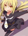  1girl 9law black_legwear black_serafuku blonde_hair blush highres kantai_collection long_hair open_mouth satsuki_(kantai_collection) school_uniform serafuku simple_background skirt solo thigh-highs yellow_eyes 