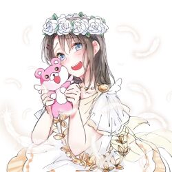  1girl bang_dream! bang_dream!_girls_band_party! black_hair blush character_doll commentary_request doll dress falling_feathers feathers flower flower_wreath frilled_sleeves frills grey_eyes head_wreath highres long_hair looking_at_viewer michelle_(bang_dream!) okusawa_misaki rose short_sleeves solo succhii_(pikaru) white_dress white_flower white_rose 