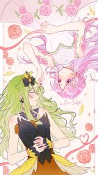 2girls absurdres artist_collaboration black_bow black_dress bow commentary_request dress earrings flower green_hair hair_bow hand_in_another's_hair highres jewelry kusanagi_nene long_hair looking_at_another multiple_girls ootori_emu pink_eyes pink_flower pink_hair pink_rose project_sekai rose smile the_coconutnut vade7 white_dress yuri 