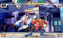  1boy 1girl bat_girl black_bodysuit black_pants bodysuit boots commentary dr._eggman duel elbow_gloves english_commentary evo_moment_#37 evolution_championship_series facial_hair flying_kick furry furry_female gloves grin heads-up_display high_heels jacket jumping kicking long_mustache mellow_marz mustache open_mouth orange_facial_hair pants parody parrying red_jacket rouge_the_bat smile street_fighter street_fighter_iii_(series) thigh_boots user_interface white_gloves 
